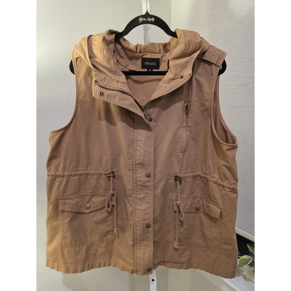 Womens Zenana Outfitters Brown Cargo Style Full Zip Hooded Vest Size 3X Hiking